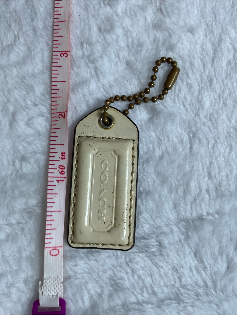 COACH Cream Leather Keychain Tag with Brass Ball Chain (77)